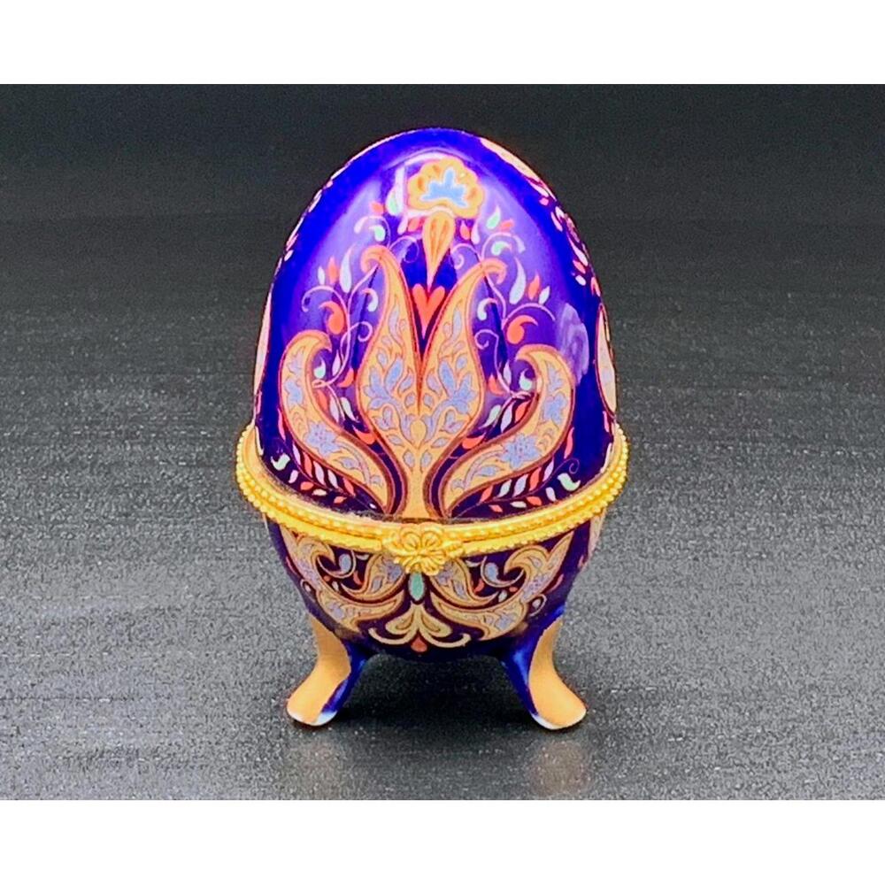 VINTAGE Hand-Painted Blue &Gold Ornate Egg Trinket Box Collectible Display Piece